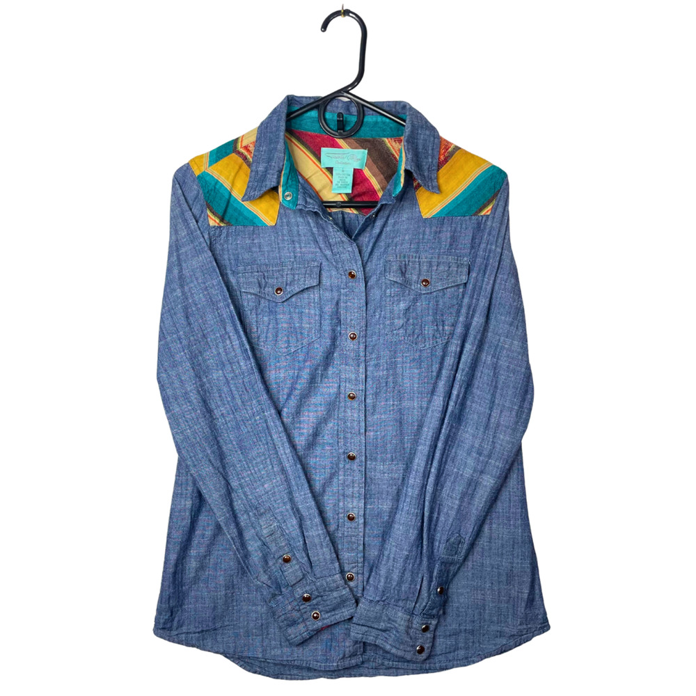 Tasha Polizzi Denim Blouse with Colorful Shoulder Design